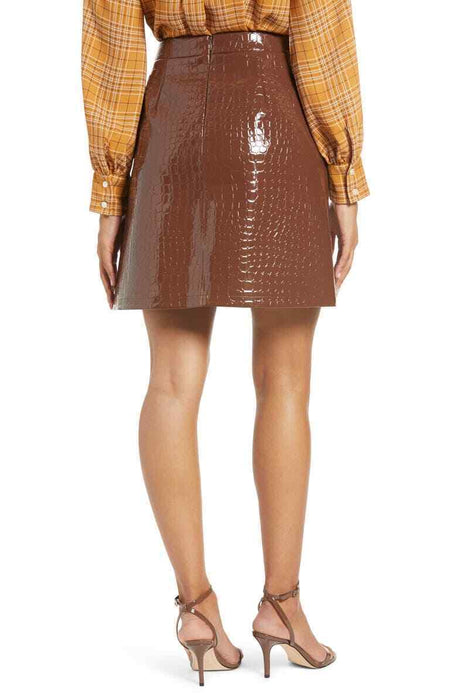 Halogen X Atlantic Pacific Croc Embossed Faux Leather Miniskirt - Brown - Large