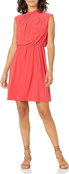 Adrianna Papell Twist Neck Jersey Blouson Knee Dress Geranium Red Size Petite 4