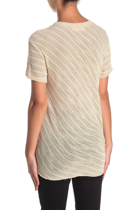 Everleigh Short Sleeve Tie Front Shirt Open Knit Top In Oatmeal Ivory Size XS