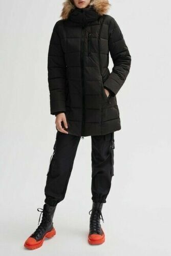 Noize Women's Hannah Faux Fur Trim Hooded Parka Coat Black Size XS $270