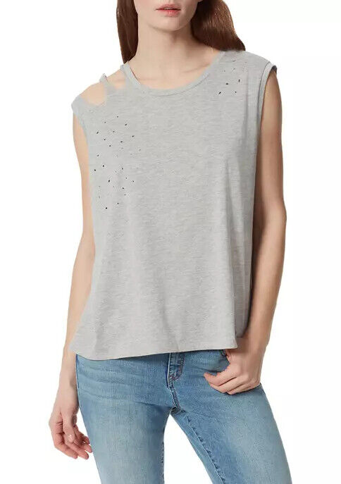 Frayed Women's Sleeveless Distressed Cold Shoulder T-Shirt Gray Size S
