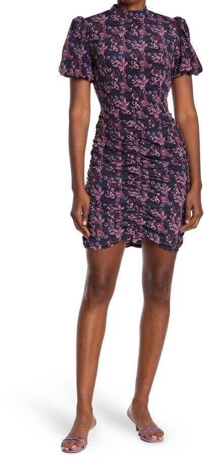 Melrose and Market Floral Short Sleeve Ruched Satin Mini Dress Size M