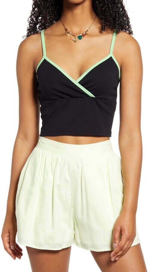 BP. Women's Surplice Cropped Tank Top Piped Green Black Size XL $30