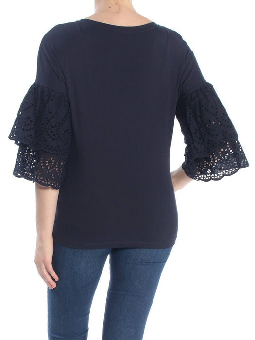 DKNY Women's Navy Blue Bell Sleeves Eyelet Lace Top size XL