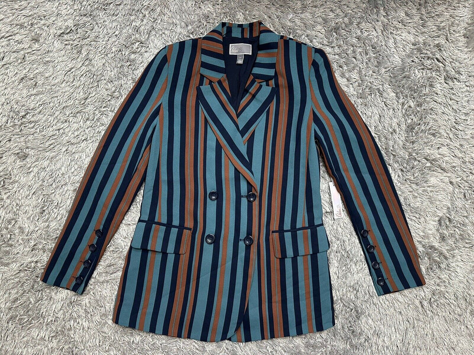 $399 Chelsea28 Women's Blue Brown Stripe Button Double Breasted Blazer Size XXS