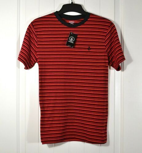 Volcom Boy's Short Sleeve Striped T-Shirt Tee Red Three Storie SS Crew Size L