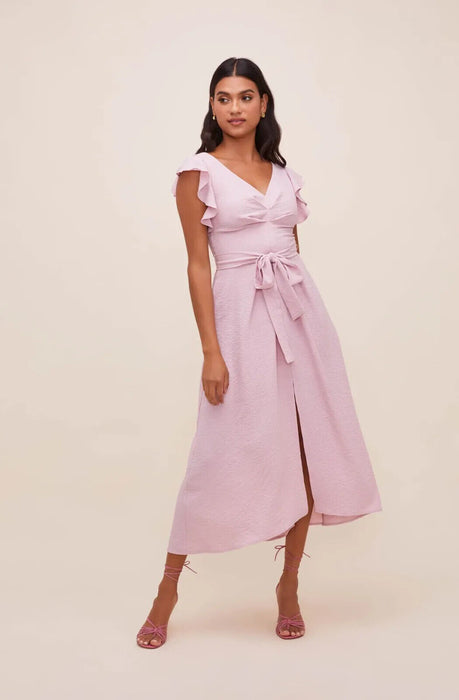 ASTR Women's Euphoria Midi Ruffle Sleeve Belted Slit Dress In Lilac Size L $145