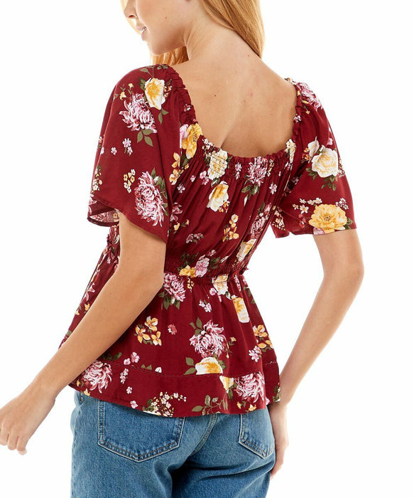 Derek Heart Peasant Top, Women's Size Small, Burgundy Floral Off Shoulder