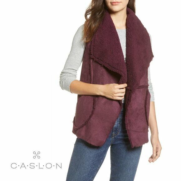 Caslon Women's  Reversible Faux Shearling Vest Front Pocket Burgundy