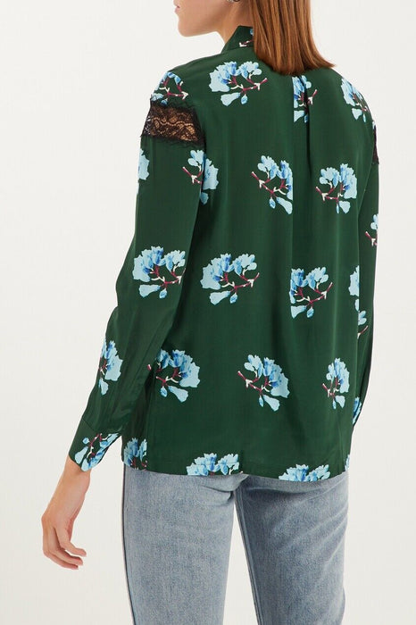 Maje Ciloise Lace Inset Silk Blend Button Blouse Green Floral Print Size 4 $300