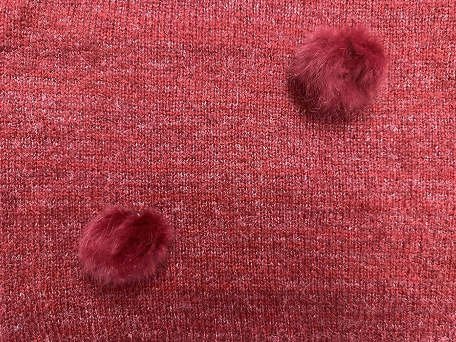 Michelle Nicole Rabbit Fur Pom Pom Long Sleeve Crewneck Sweater Wine Red Size M