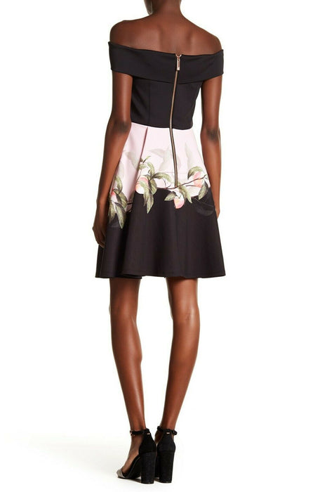 Ted Baker Women's Off Shoulder Fit Flare Dress Peach Floral Print Size 0 $298