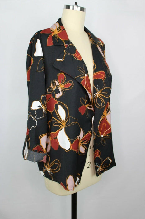 14th & Union Womens Notch Lapel Trapeze Jacket Black Floral 3/4 Sleeve Draped XS