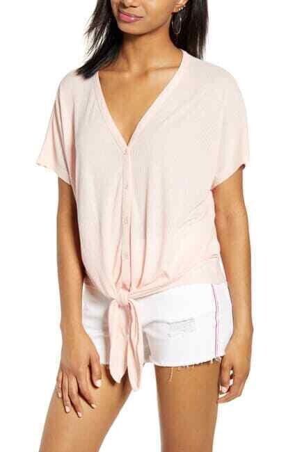 BP Small Toppink  Button Front Soft Knit Top Loose Short Sleeve V-Neck Solid S