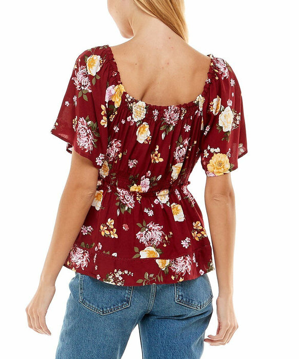 Derek Heart Peasant Top, Women's Size Small, Burgundy Floral Off Shoulder