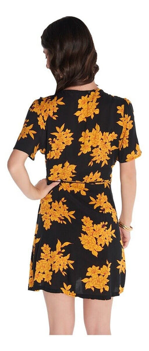 All in Favor Women's short Sleeve black Floral Print Wrap Dress Size S