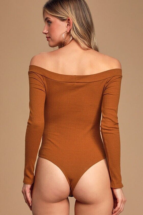 LULUS Lilyth Off The Shoulder Ribbed Bodysuit In Rust Size S