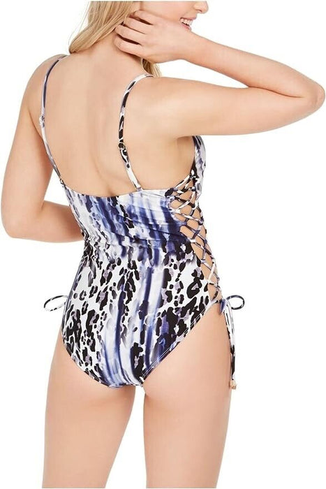 RACHEL Rachel Roy Punk Leopard-Print Side-Laced One-Piece Swimsuit Size M $119