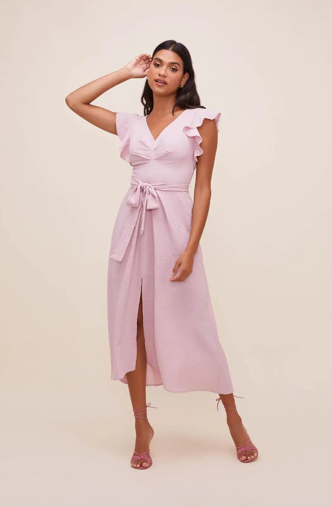 ASTR Women's Euphoria Midi Ruffle Sleeve Belted Slit Dress In Lilac Size L $145