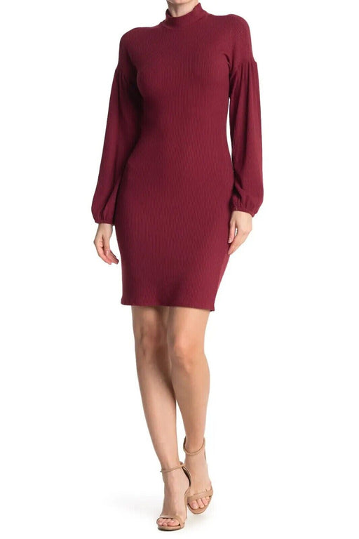 Melloday Mock Neck Long Sleeve Ribbed Sheath Dress In Wine Size L