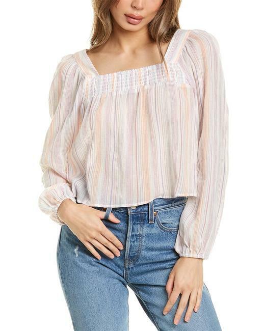 BCBGeneration Pink Chiffon Smocked Striped Square Neck Blouse Size M $78