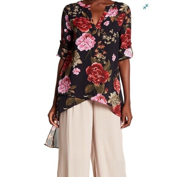 Catherine Catherine Malandrino Hi-Lo Woven Tunic Black Floral Print Size S $99