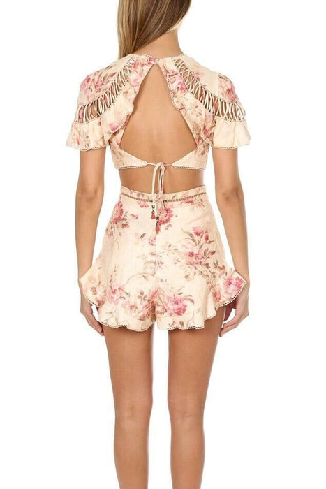 Zimmermann Corsair Flutter Lace Up Crop Top In Cream Floral Size 1 (US 6)