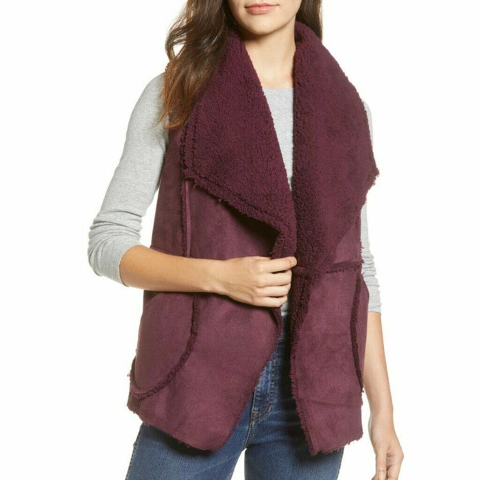 Caslon Women's  Reversible Faux Shearling Vest Front Pocket Burgundy