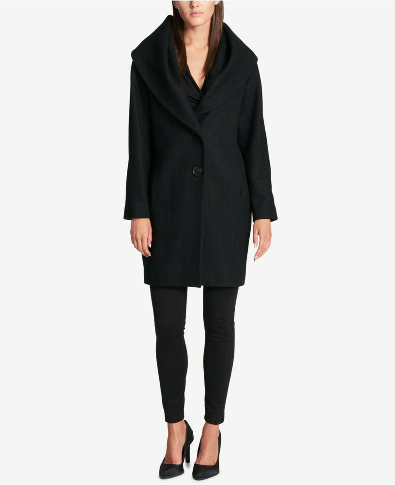 DKNY Women's Brushed Wool Blend Shawl Collar Coat In Black Size M $395