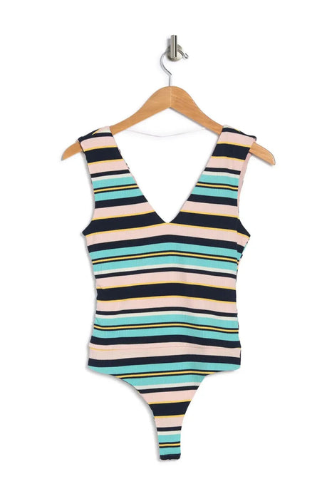 AFRM Striped Double V-Neck Sleeveless Bodysuit In Pastel Pink Size XS