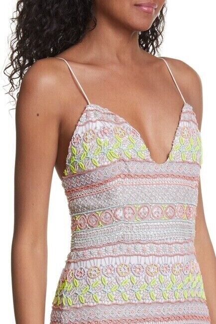 ALICE + OLIVIA $1298 Neon Amina All Over Embroidery Sweetheart Neck Dress 2 US