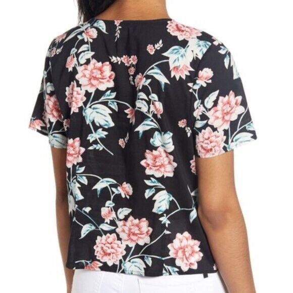 BP Floral Print V Neck Button Front Short Sleeve Top Size XS