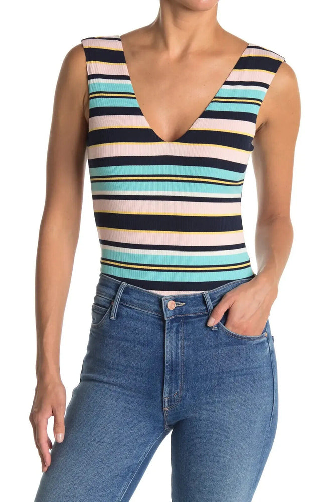 AFRM Striped Double V-Neck Sleeveless Bodysuit In Pastel Pink Size XS