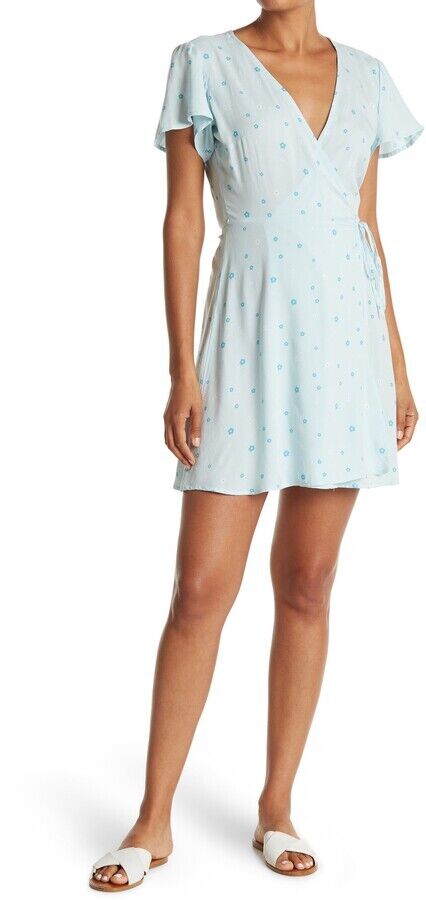 Abound Short Sleeve Floral Wrap Dress In Blue Glow Mckenna Floral Size S