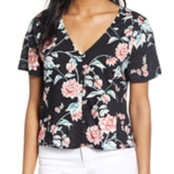 BP Floral Print V Neck Button Front Short Sleeve Top Size XS
