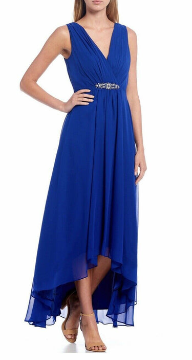 Eliza J Women's Embellished High/Low Chiffon Dress Peacock Blue Size 4 fits XS