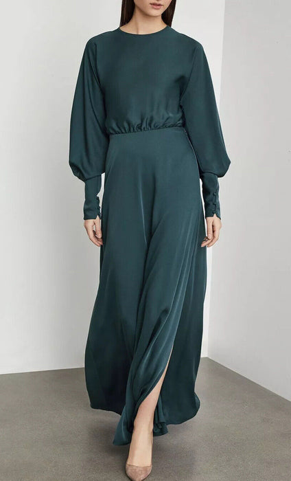 BCBGMAXAZRIA Satin Draped Back Maxi Dress In Light Carbon Blue Size 6 $428 NWT