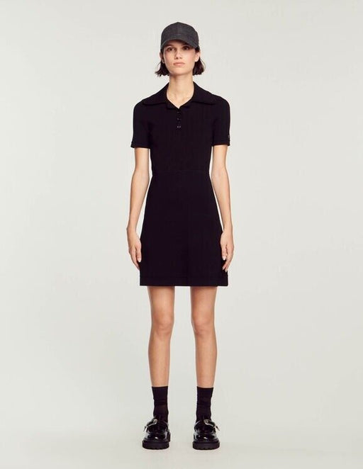 Sandro  Cordoba Ribbed Knit Polo Dress in black size 40