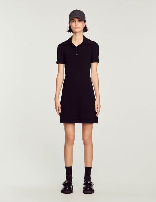 Sandro Cordoba Ribbed Knit Polo Dress in black size 40