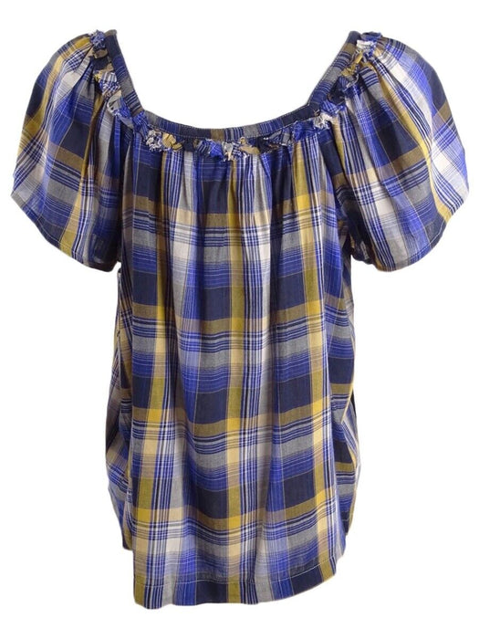 VINCE CAMUTO Sunset Plaid Square-neck Blouse In Electric Blue $69 size M