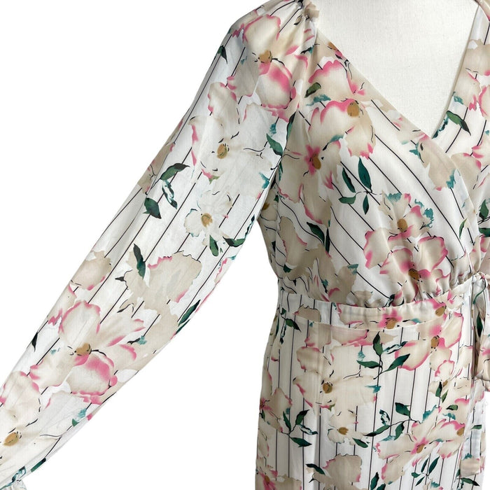 Chelsea28 Women's Large Floral Striped Midi Faux Wrap Ruffle dress V Neck $129