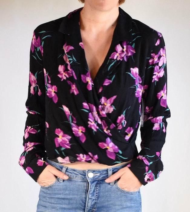 Free Press Notch Collar Surplice Long Sleeve Blouse In Black Multi Floral Size M