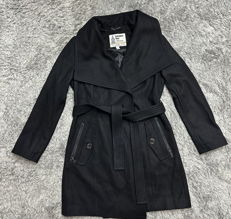 London Fog  Wool-Blend Envelope Collar Belted Coat size S in black