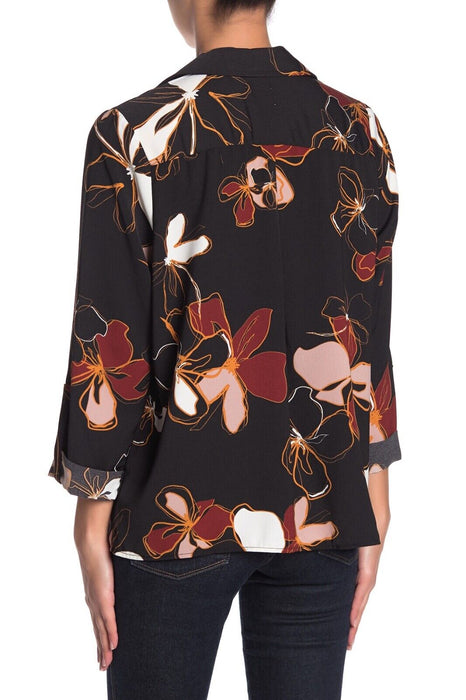 14th & Union Womens Notch Lapel Trapeze Jacket Black Floral 3/4 Sleeve Draped XS