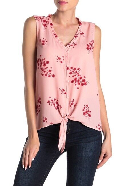 Bobeau Nordstrom Floral Ruffle Trim Tie Front Blouse Pink Size XS