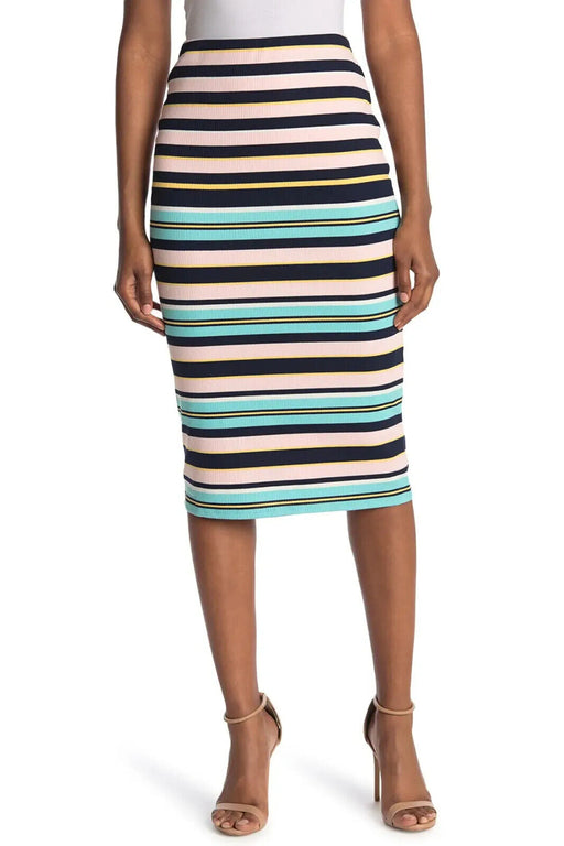 AFRM Port Ribbed Pencil Skirt In Multi Blush/Noir Stripe Size XS