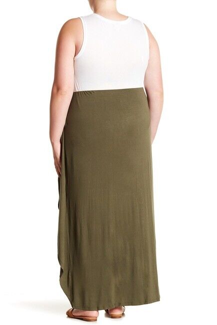 Bobeau Women's Ruched Pull On Hi Lo Maxi Skirt In Army Green Plus Size 3X