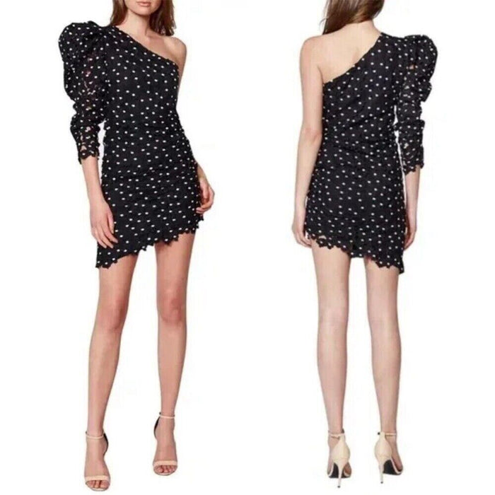 Bardot Effie Lace Polka Dot One Shoulder Dress Black Size 10 L Fits Larger $175