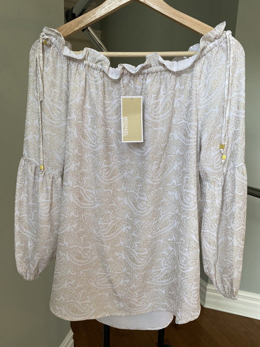 MICHAEL KORS Off-The-Shoulder Top Ruffled Women's Blouse Tunic White/Gold M