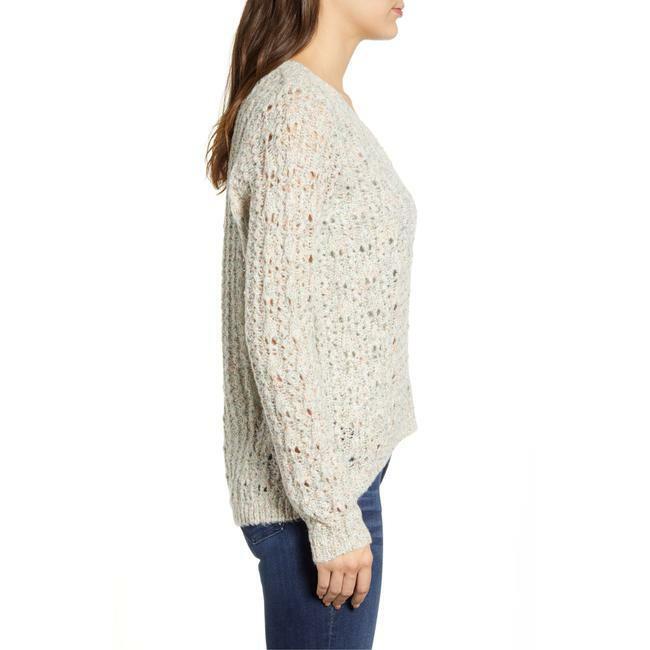 Caslon Brushed V-Neck Open Knit Sweater In Cream Multi-Color Size S